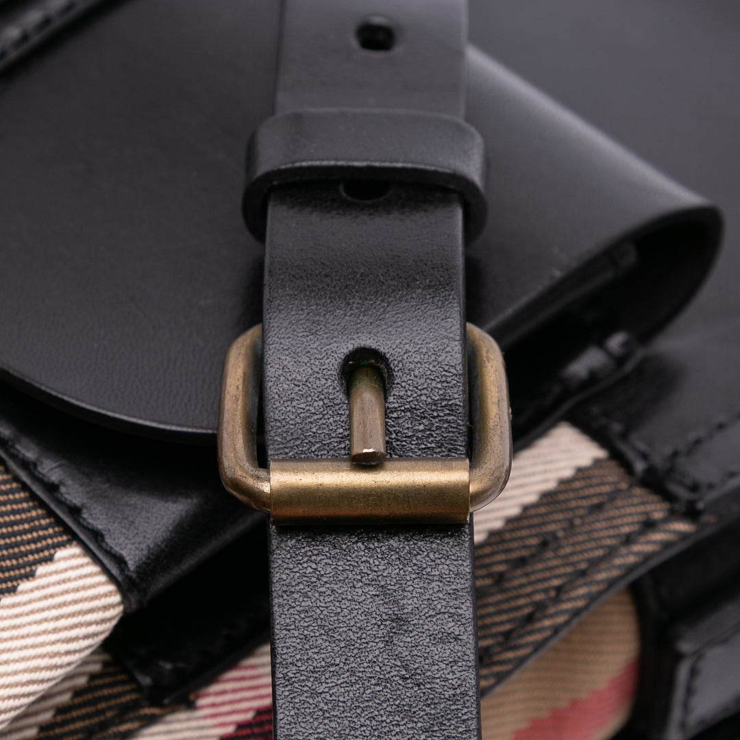 Leather and House Check Canvas Crossbody Black - Gaby Paris