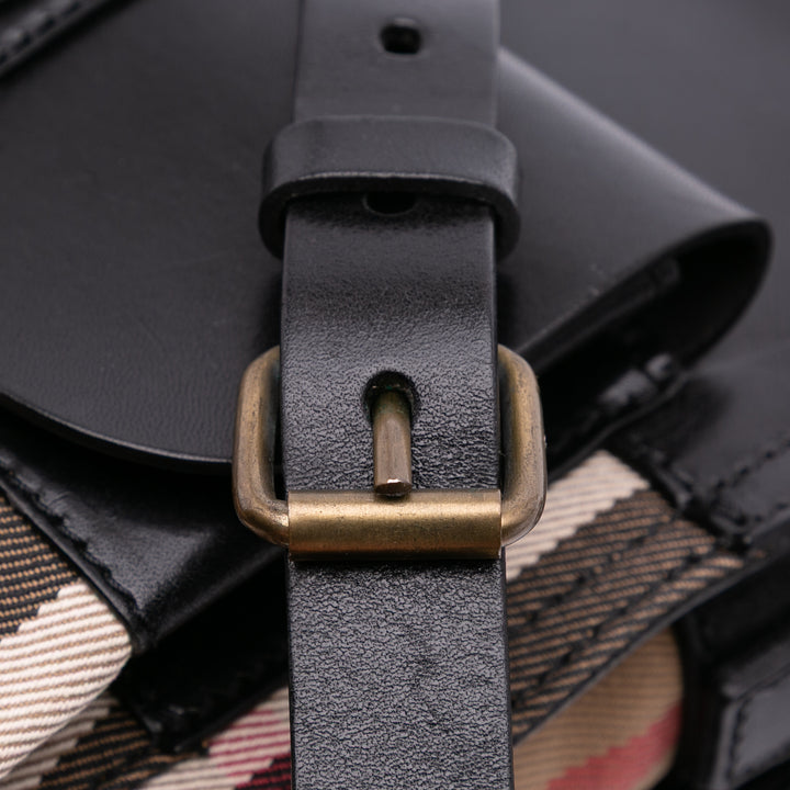 Leather and House Check Canvas Crossbody Black - Gaby Paris