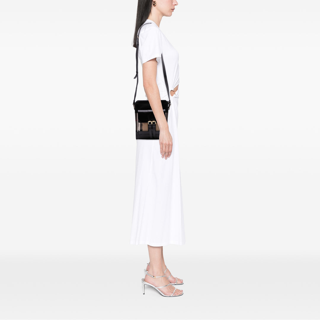 Leather and House Check Canvas Crossbody Black - Gaby Paris