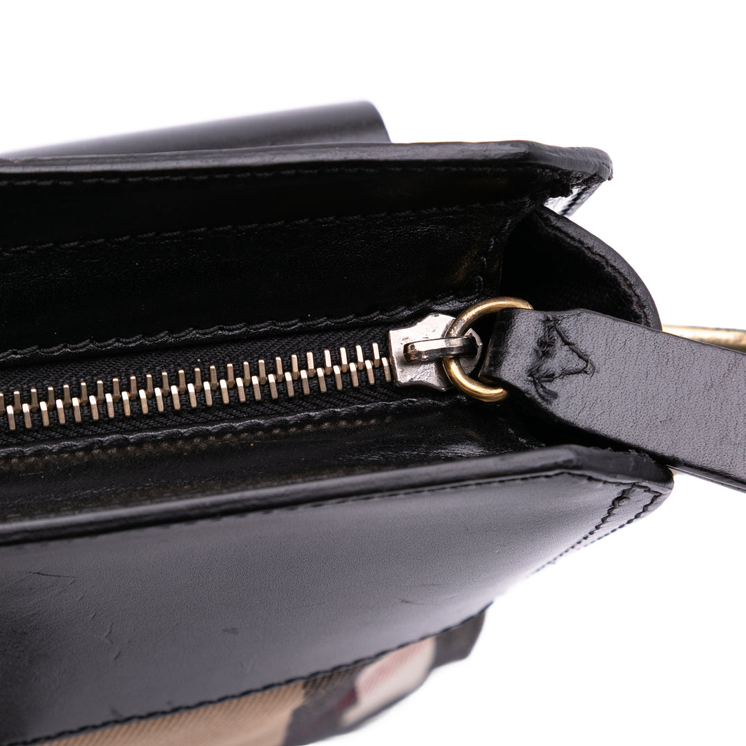 Leather and House Check Canvas Crossbody Black - Gaby Paris