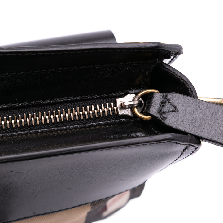 Leather and House Check Canvas Crossbody Black - Gaby Paris
