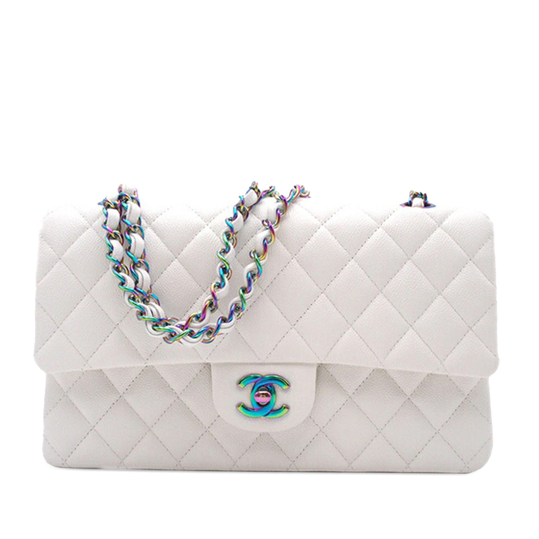 Medium Classic Iridescent Caviar Double Flap White - Gaby Paris