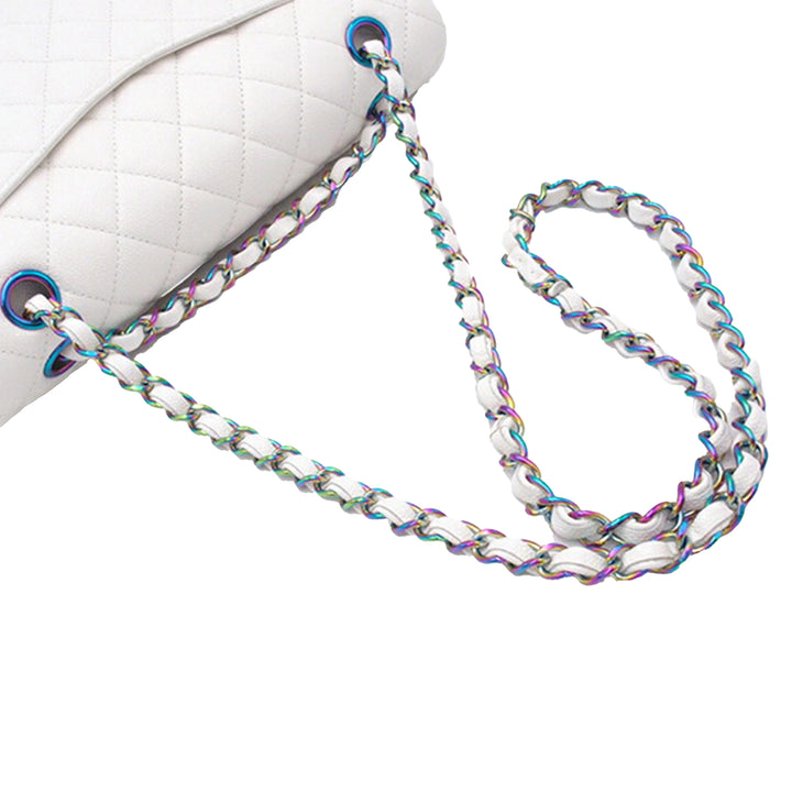 Medium Classic Iridescent Caviar Double Flap White - Gaby Paris
