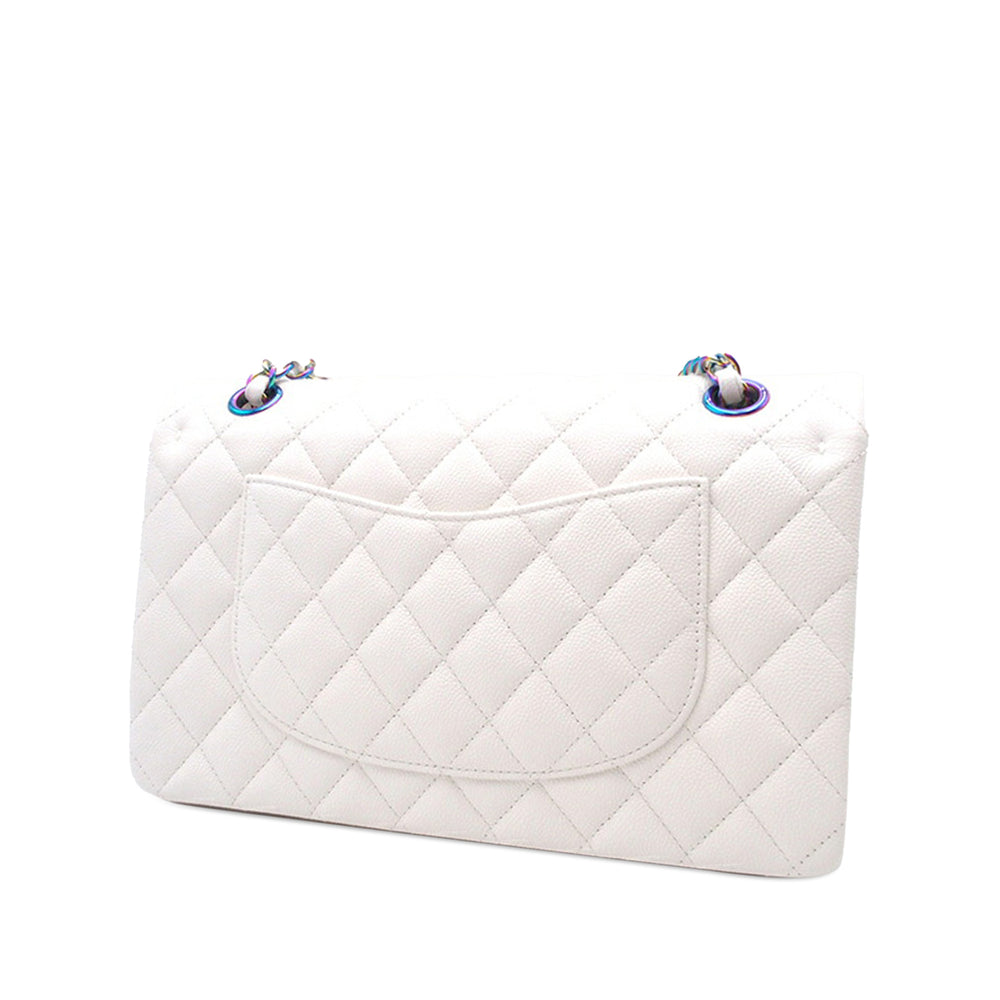 Medium Classic Iridescent Caviar Double Flap White - Gaby Paris