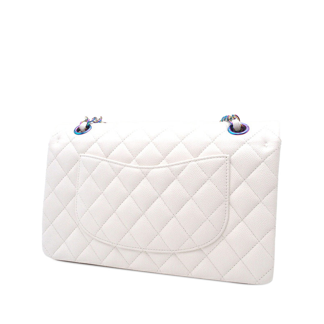 Medium Classic Iridescent Caviar Double Flap White - Gaby Paris