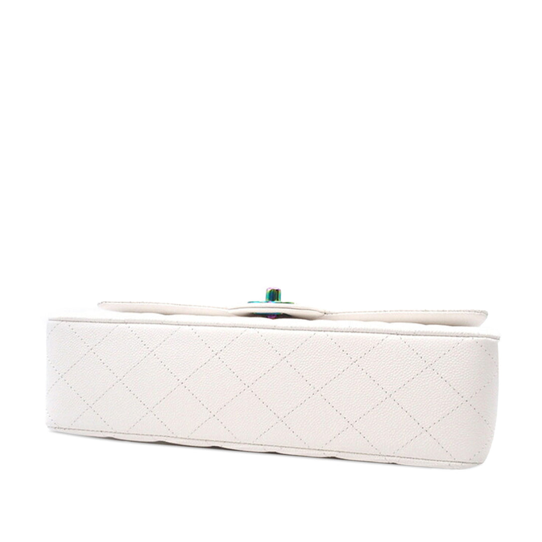 Medium Classic Iridescent Caviar Double Flap White - Gaby Paris