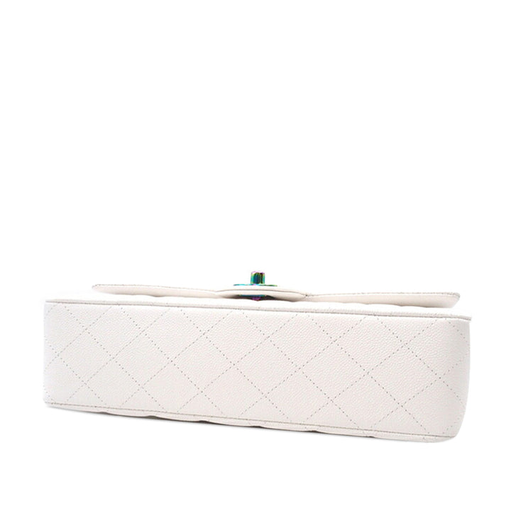 Medium Classic Iridescent Caviar Double Flap White - Gaby Paris