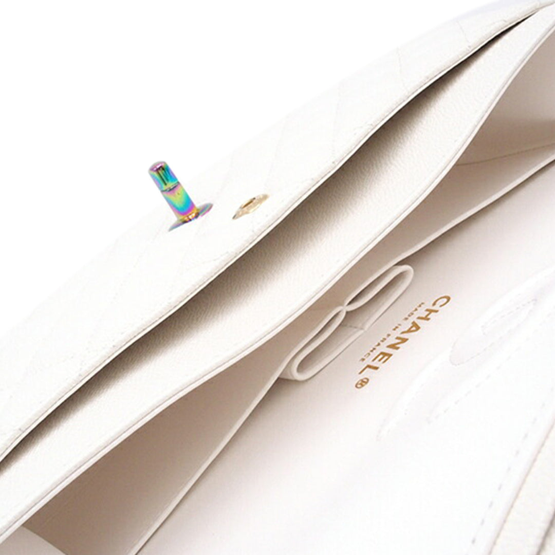 Medium Classic Iridescent Caviar Double Flap White - Gaby Paris