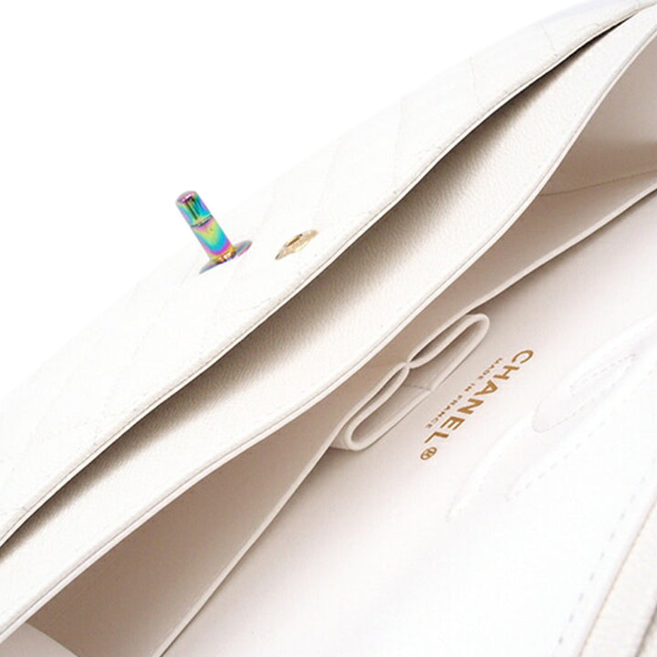 Medium Classic Iridescent Caviar Double Flap White - Gaby Paris