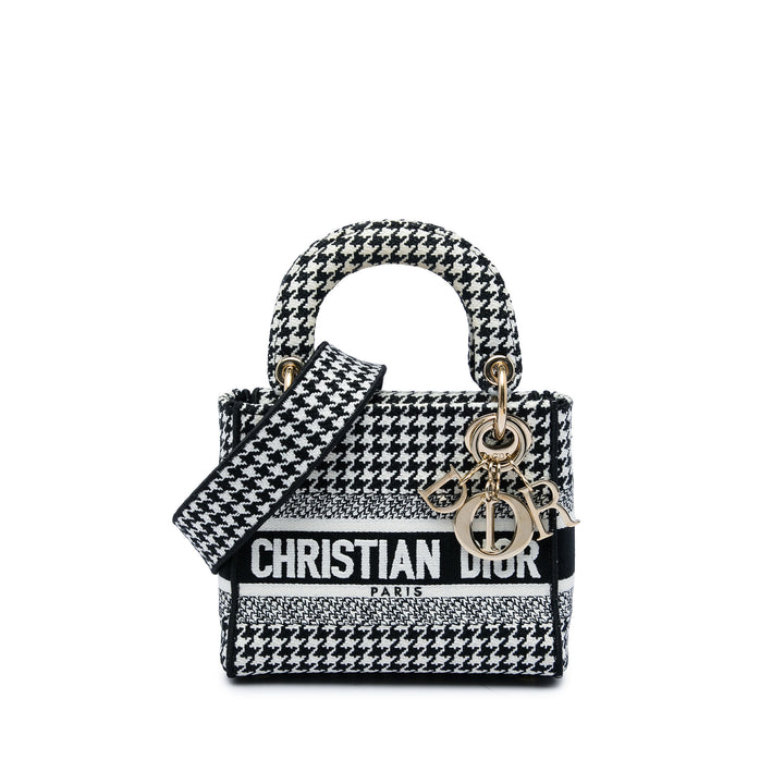 Dior brodé Houndstooth Lady D-Lite Mini Blanc – vue principale – GABY PARIS