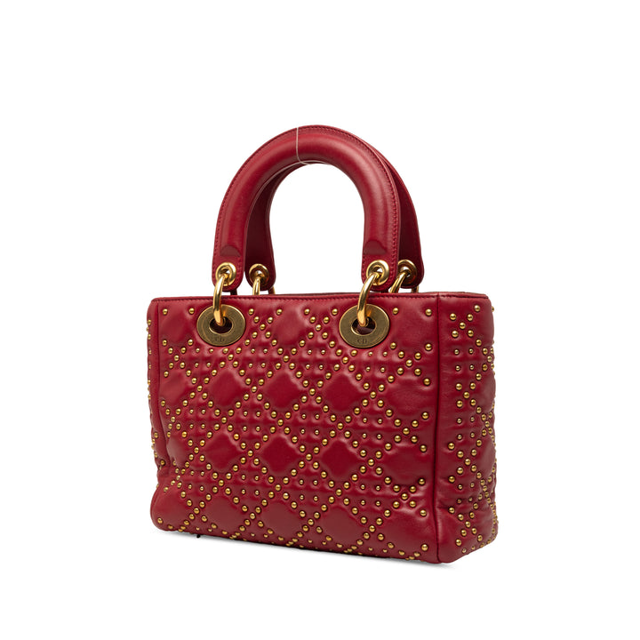 Lady Dior Cannage clouté Souple Petit Cuir d'agneau Rouge