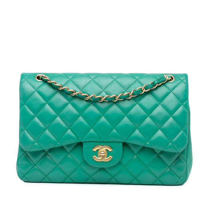 Jumbo Classic Lambskin Double Flap Green - Gaby Paris