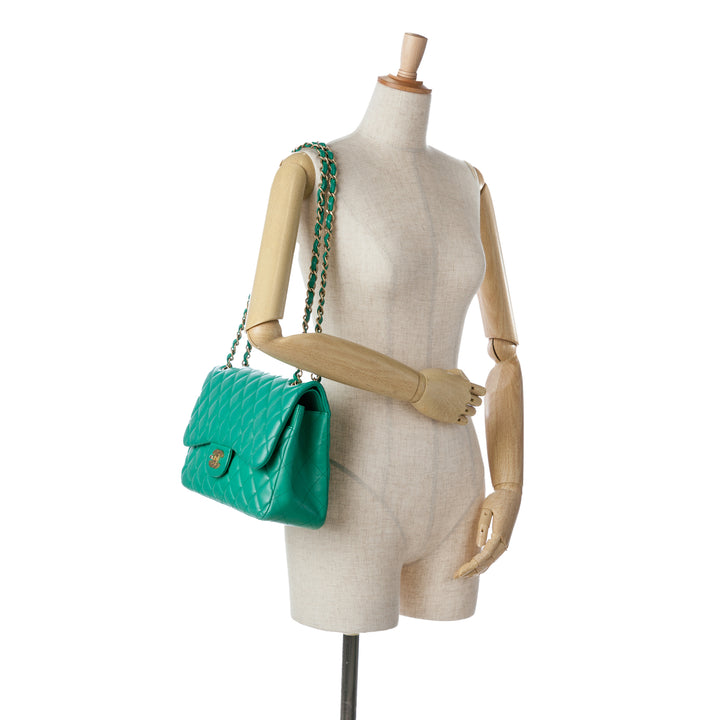 Jumbo Classic Lambskin Double Flap Green - Gaby Paris