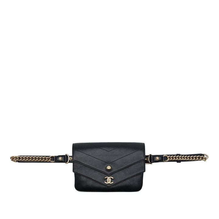 Chanel CC Chevron Double Enveloppe à rabat de mouton Noir