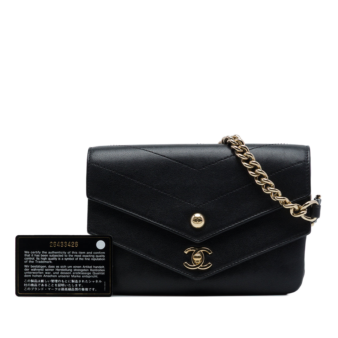 Chanel CC Chevron Double Enveloppe à rabat de mouton Noir