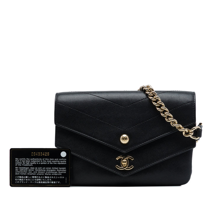 Chanel CC Chevron Double Enveloppe à rabat de mouton Noir
