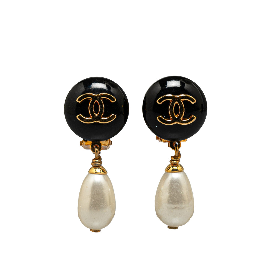 Gold Plated CC Dangling Faux Pearl Clip on Earrings Gold - Gaby Paris