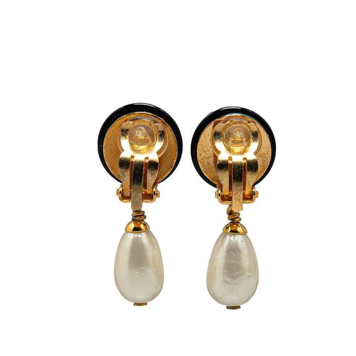 Gold Plated CC Dangling Faux Pearl Clip on Earrings Gold - Gaby Paris