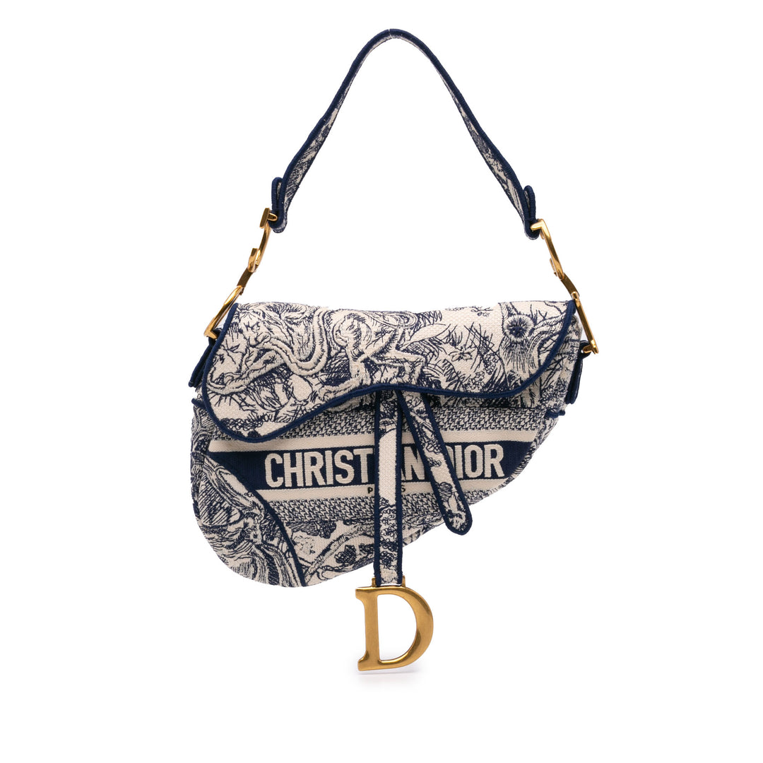 Canvas Embroidered Toile de Jouy Saddle Bag Blue - Gaby Paris