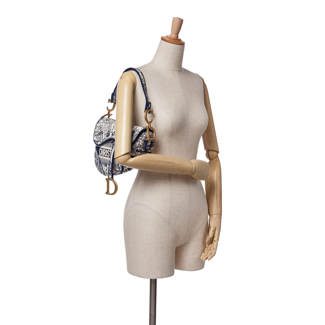 Canvas Embroidered Toile de Jouy Saddle Bag Blue - Gaby Paris