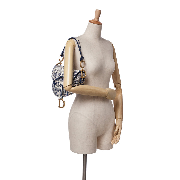 Canvas Embroidered Toile de Jouy Saddle Bag Blue - Gaby Paris
