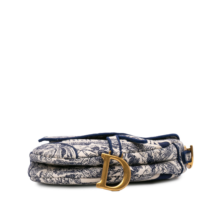 Canvas Embroidered Toile de Jouy Saddle Bag Blue - Gaby Paris