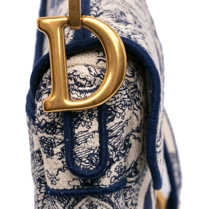 Canvas Embroidered Toile de Jouy Saddle Bag Blue - Gaby Paris
