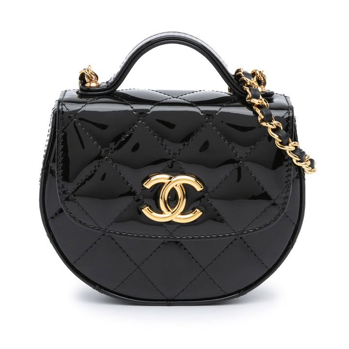 Chanel Mini CC Quilted Cuir verni Cuir Top Handle Pochette with Chain Noir