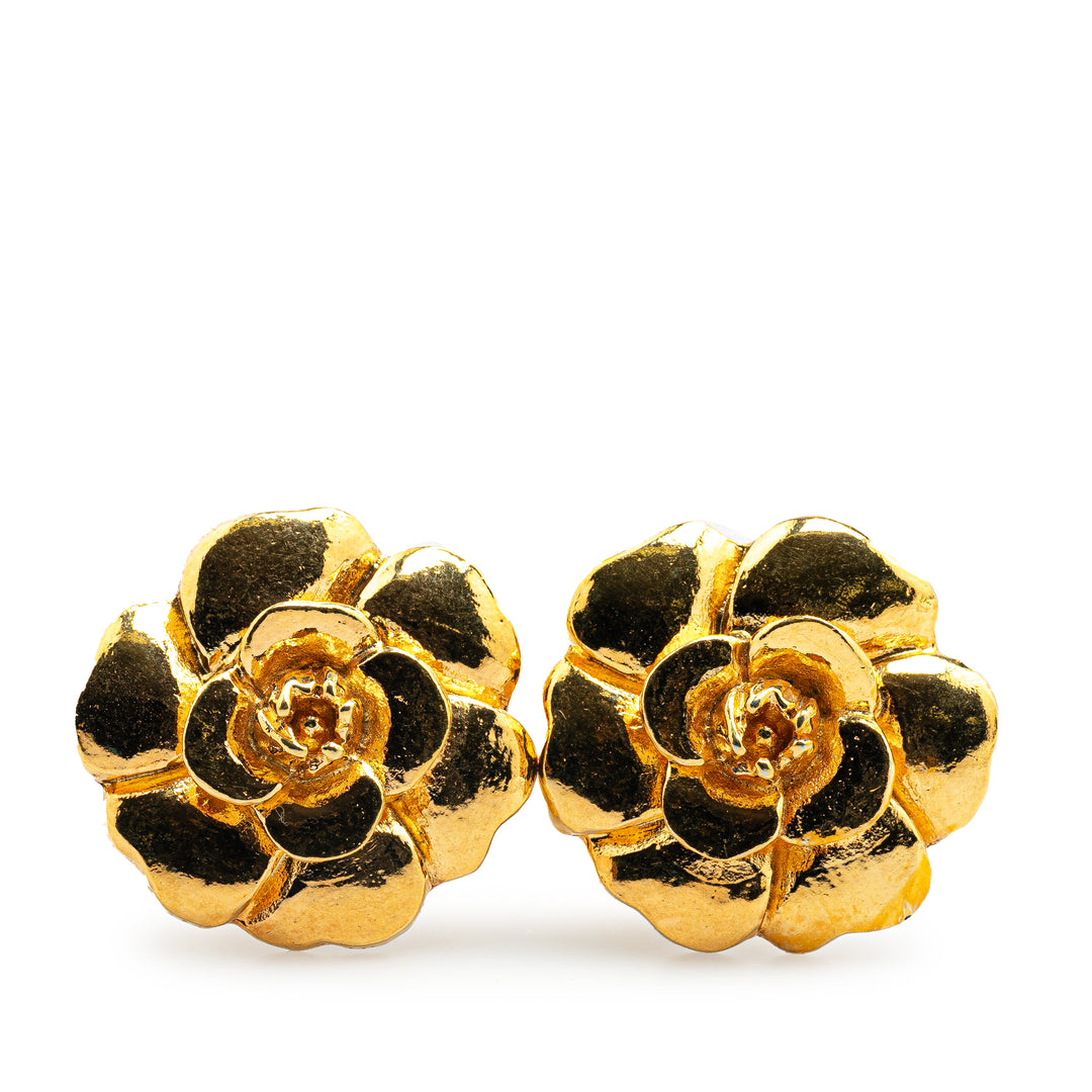 Chanel Gold Plated Camellia Clip On Earrings Gold - GABY PARIS