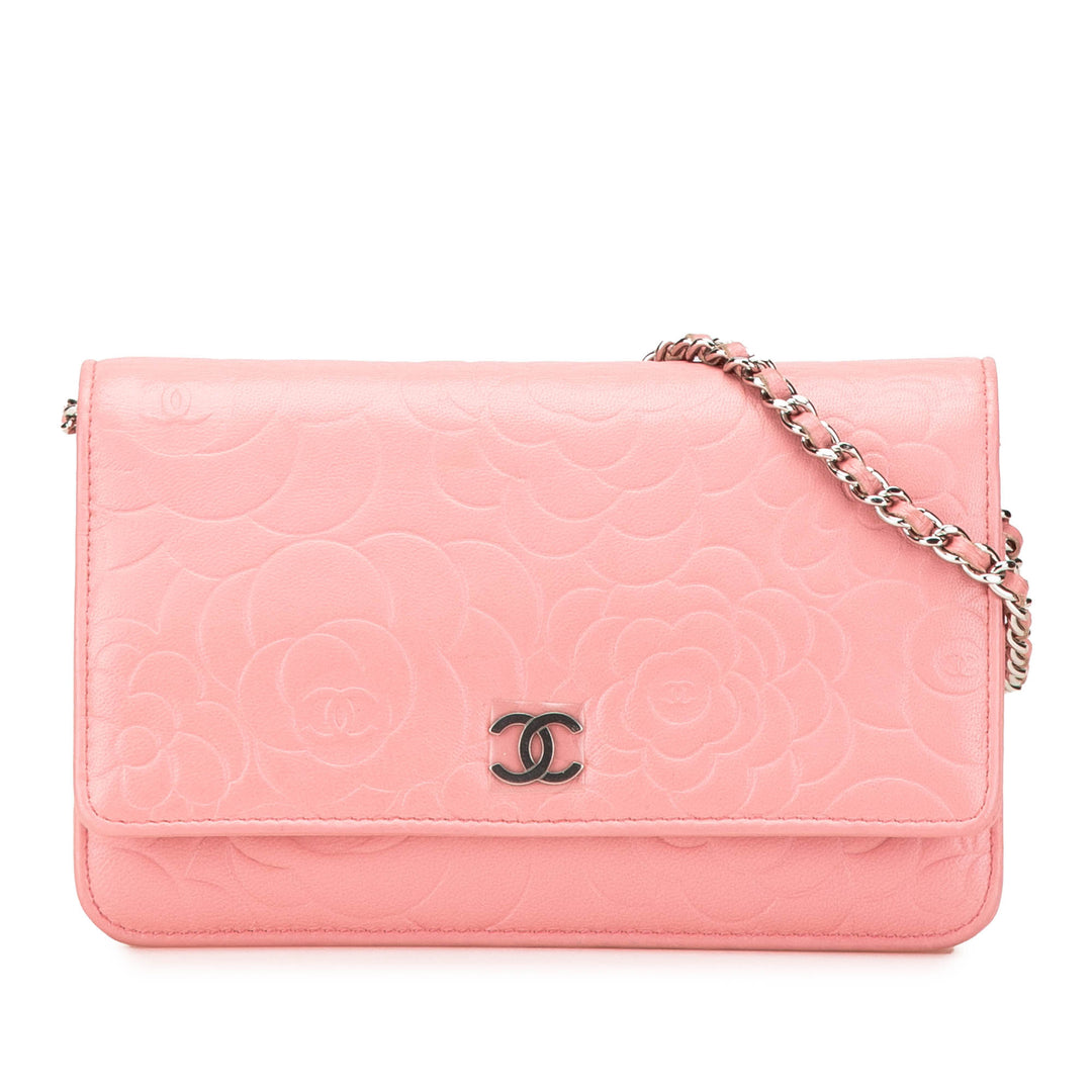 Embossed Lambskin Camellia Wallet On Chain Pink - Gaby Paris