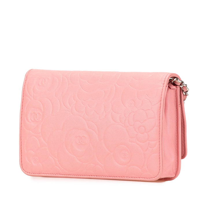 Embossed Lambskin Camellia Wallet On Chain Pink - Gaby Paris