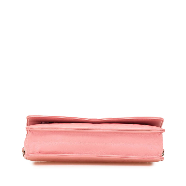 Embossed Lambskin Camellia Wallet On Chain Pink - Gaby Paris