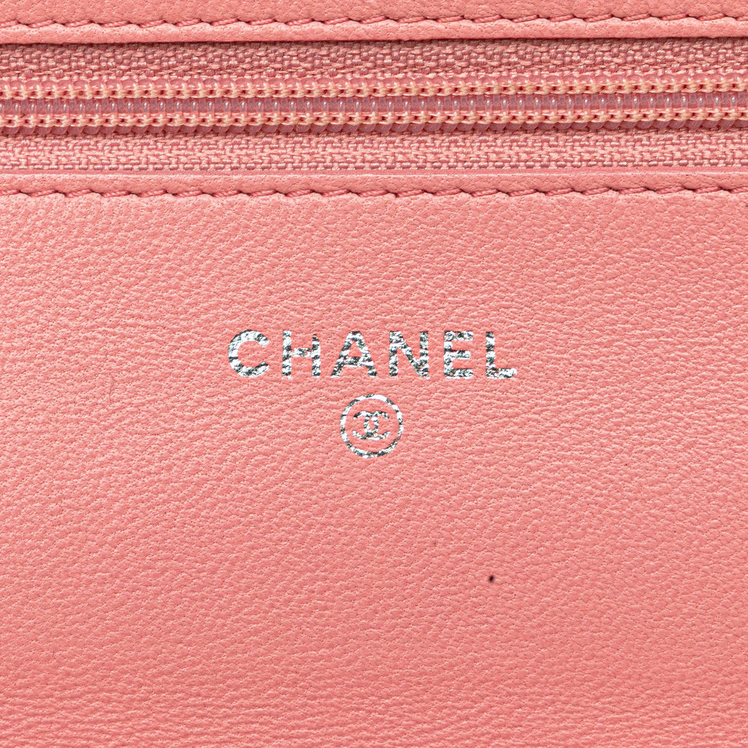 Embossed Lambskin Camellia Wallet On Chain Pink - Gaby Paris