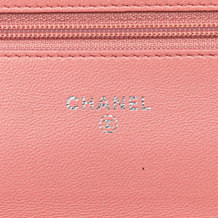 Embossed Lambskin Camellia Wallet On Chain Pink - Gaby Paris