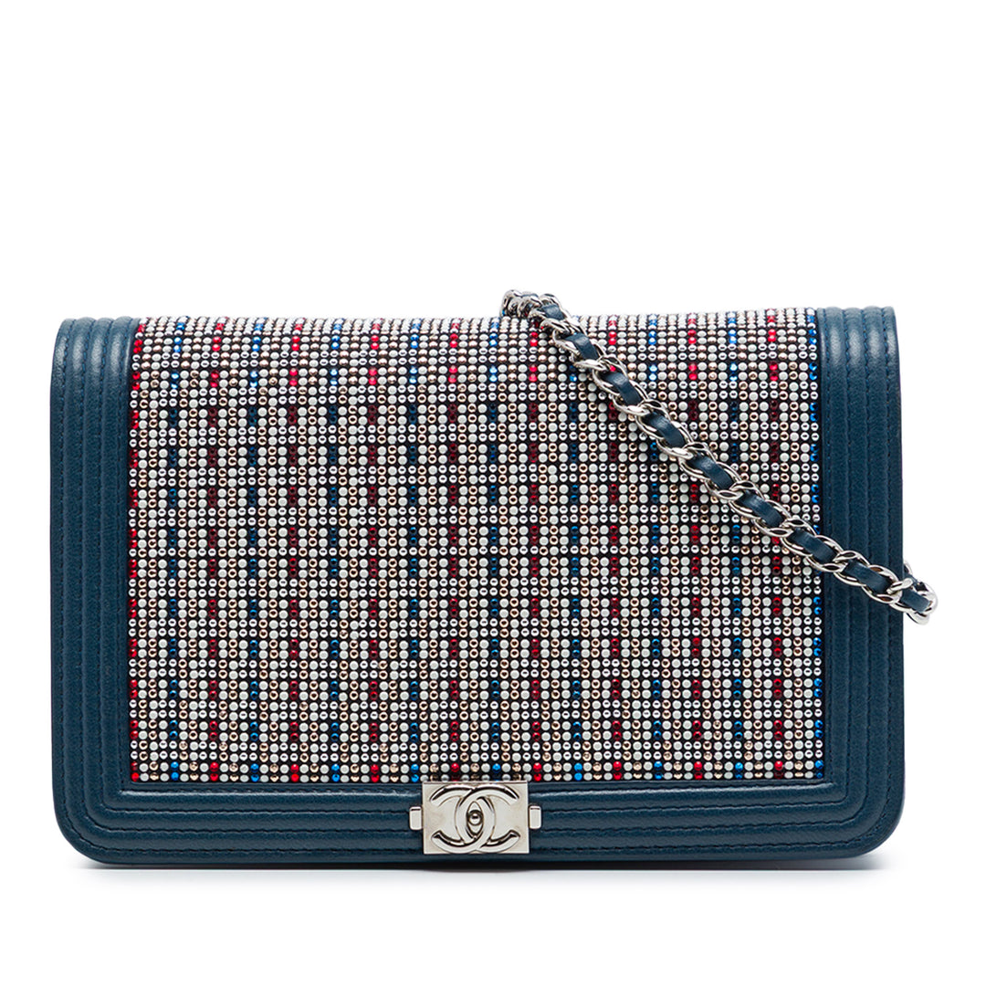 Cristal Orné Boy Wallet on Chain Cuir d'agneau Bleu