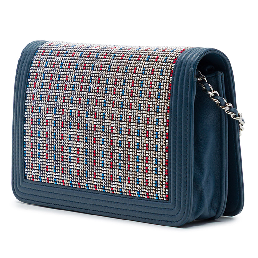 Cristal Orné Boy Wallet on Chain Cuir d'agneau Bleu