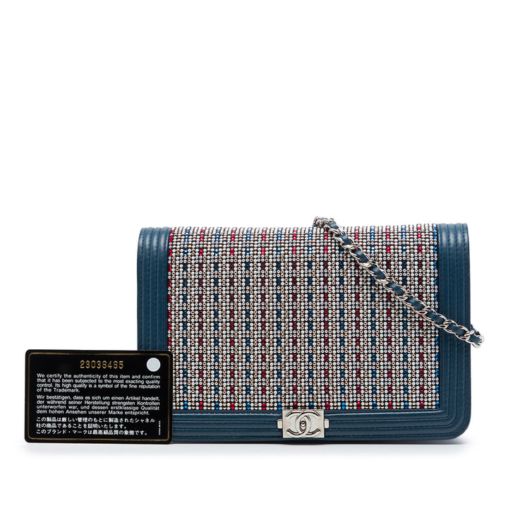 Cristal Orné Boy Wallet on Chain Cuir d'agneau Bleu