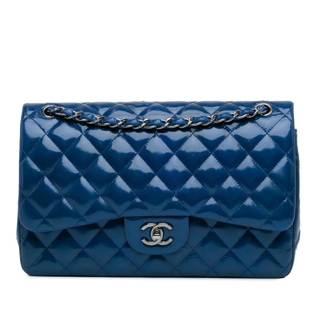 Chanel Jumbo Classic Cuir verni Double rabat Bleu – GABY PARIS Authentique