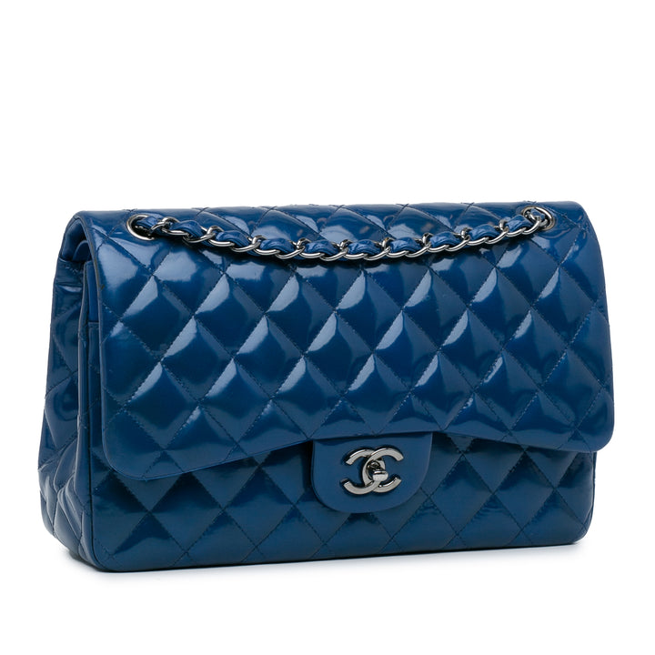 Chanel Jumbo Classic Cuir verni Double rabat Bleu – GABY PARIS Authentique