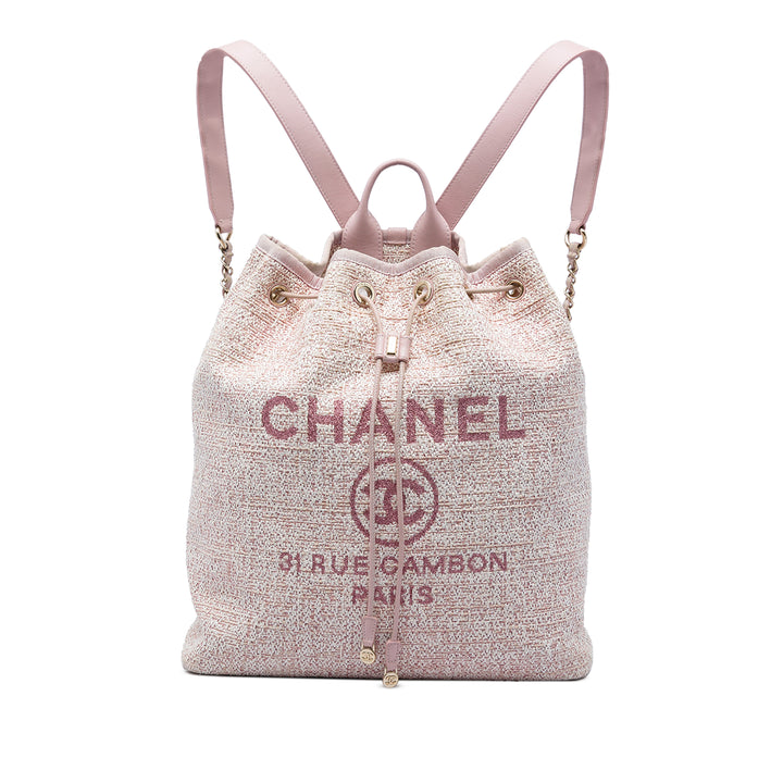 Chanel Deauville Sac à dos à cordon Tweed Rose – vue principale – GABY PARIS