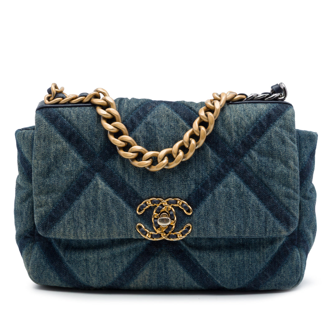 Chanel 19 à rabat Moyen Jean Bleu – vue principale – GABY PARIS