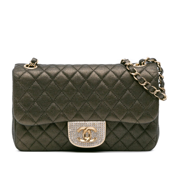 Chanel Small Quilted Iridescent Cuir de veau Crystal Simple rabat Marron