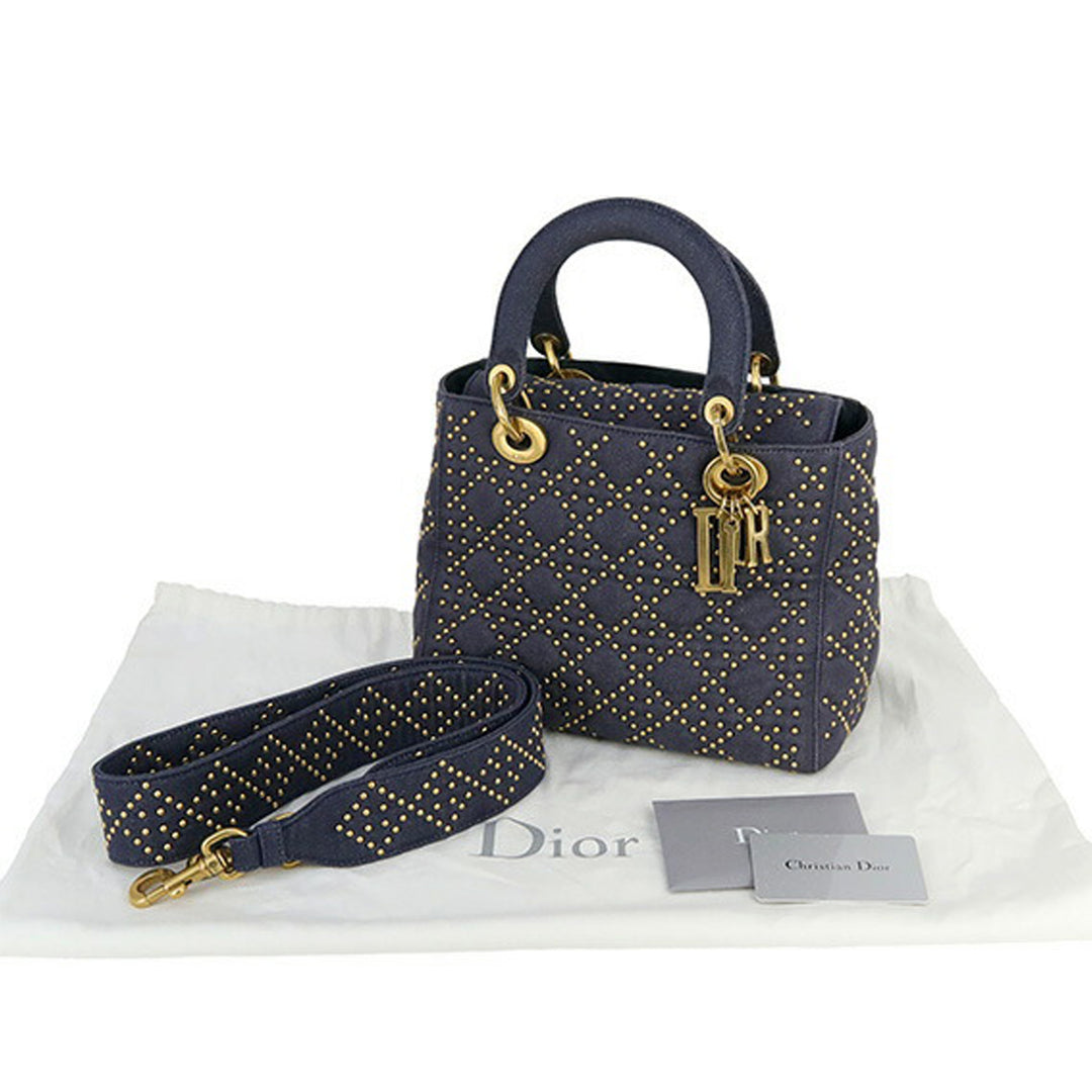 Dior Medium Denim Cannage Studded Supple Lady Dior Blue - GABY PARIS