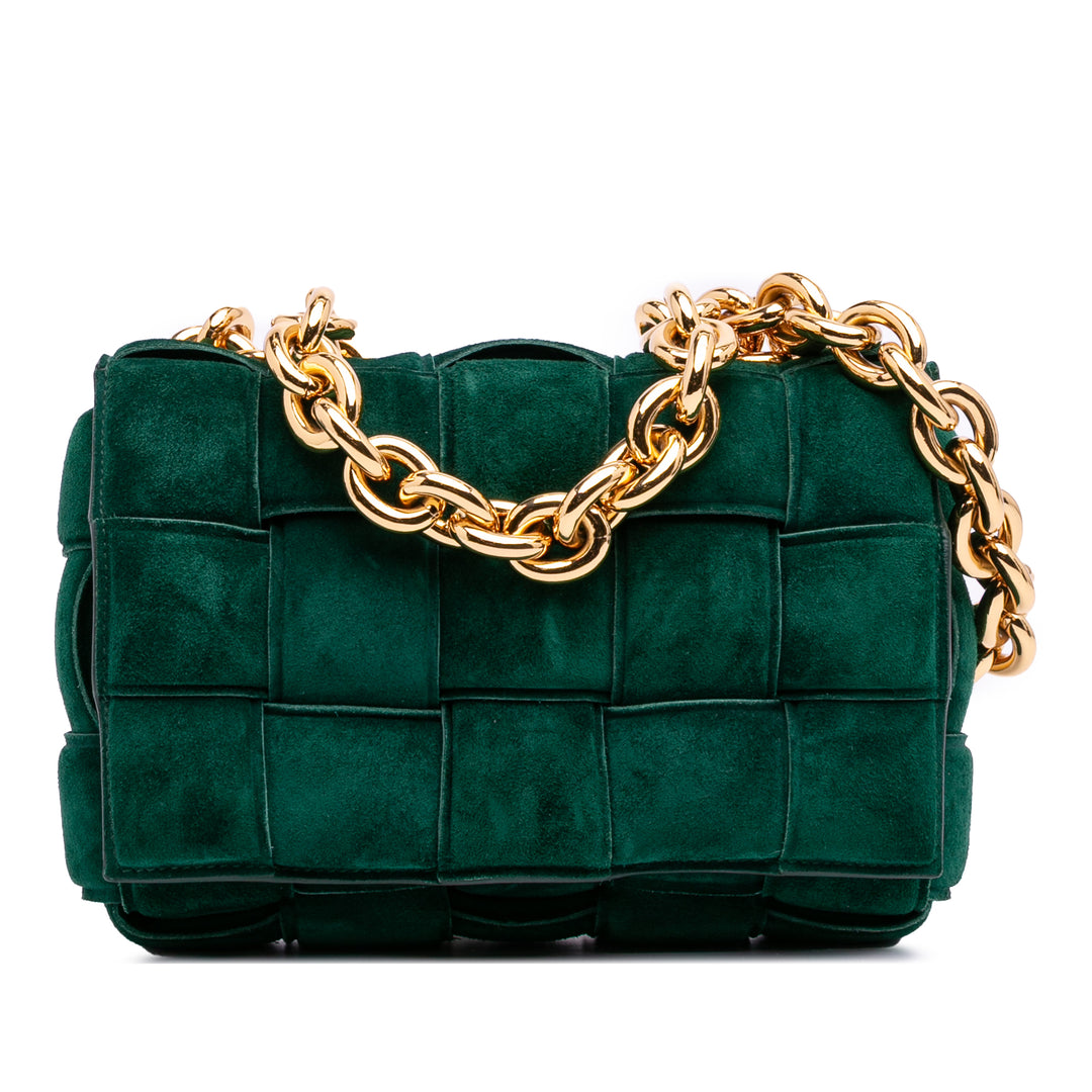 Suede Intrecciato Padded Chain Cassette Satchel Green - Gaby Paris