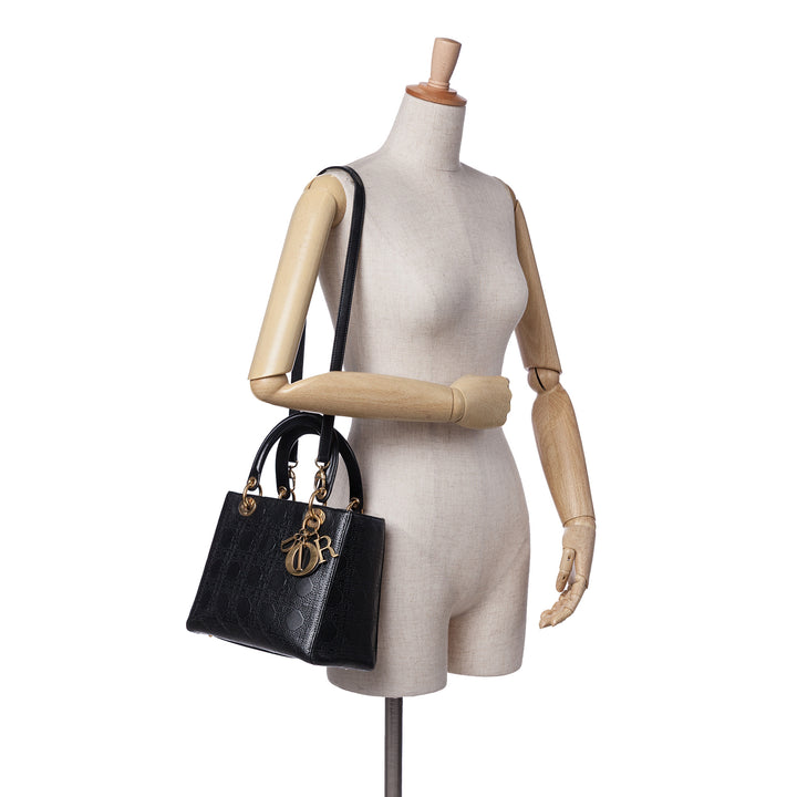 Medium Calfskin Cannage Embossed Lady Dior Black - Gaby Paris