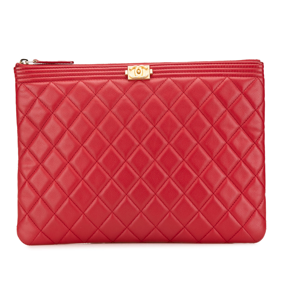 Medium Quilted Caviar Boy O Case Clutch Red - Gaby Paris