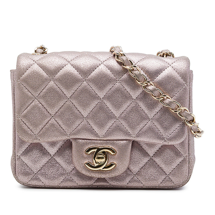 Chanel Sac bandoulière Classic Carré Métallisé Rabat simple Mini Cuir d'agneau Rose – vue principale – GABY PARIS
