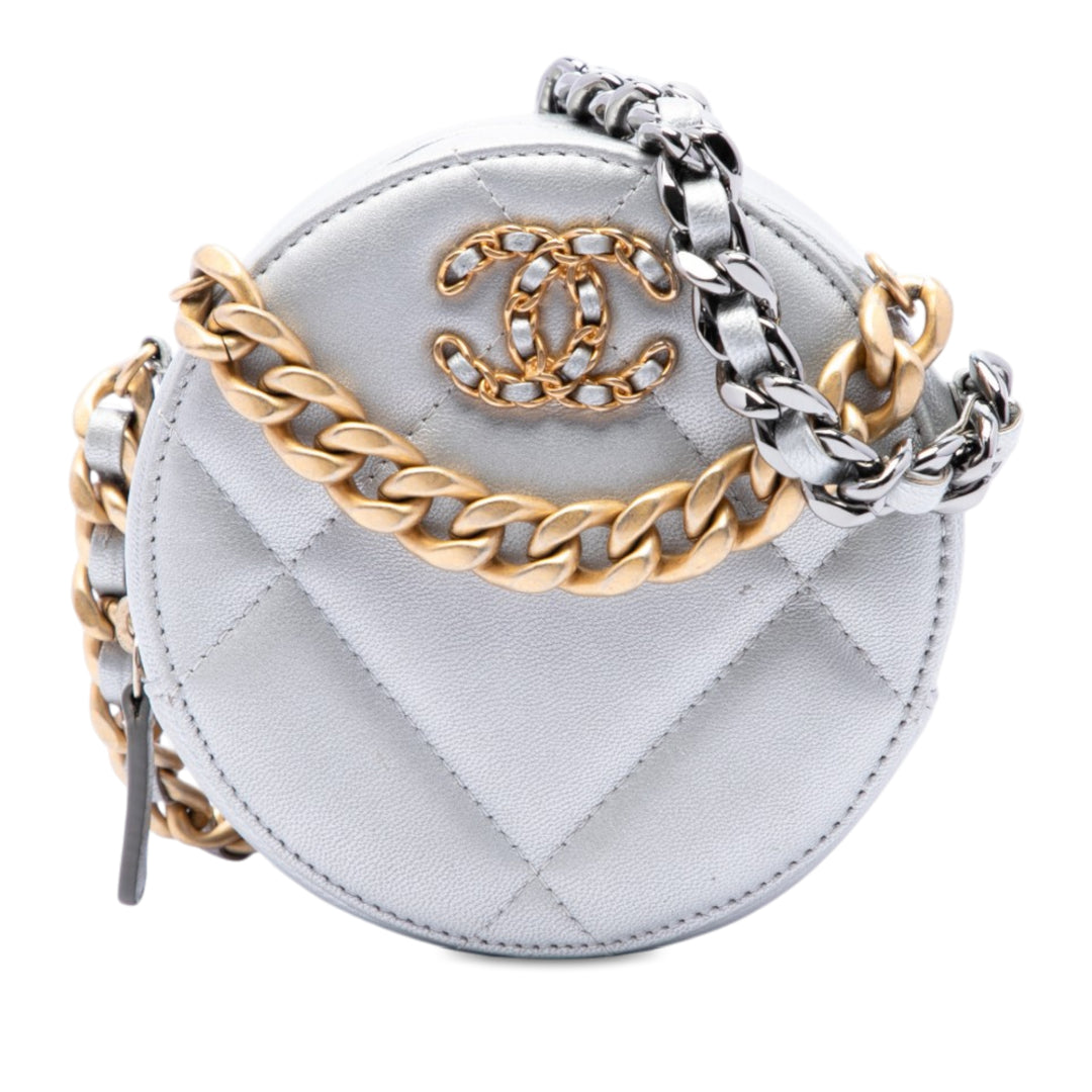 Métallisé 19 Rond Pochette avec chaîne Cuir d'agneau Argenté
