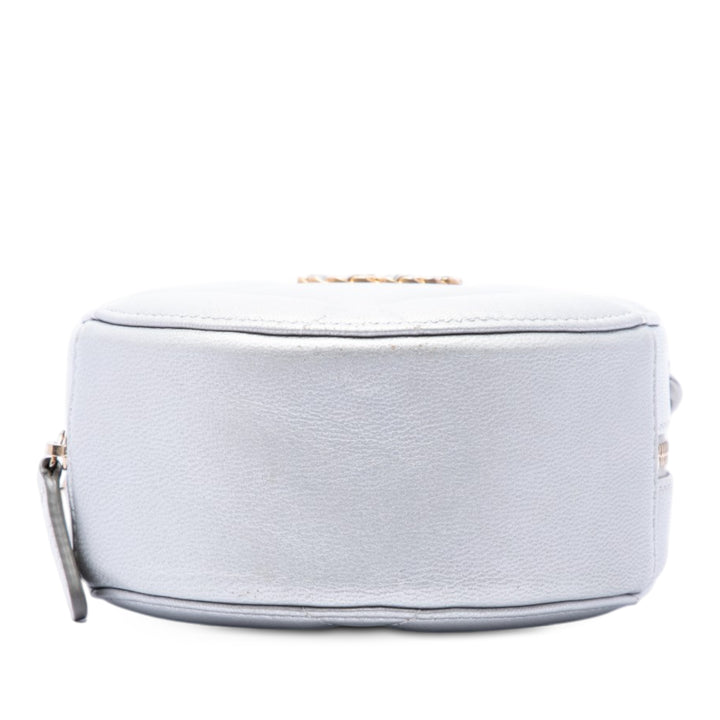 Métallisé 19 Rond Pochette avec chaîne Cuir d'agneau Argenté