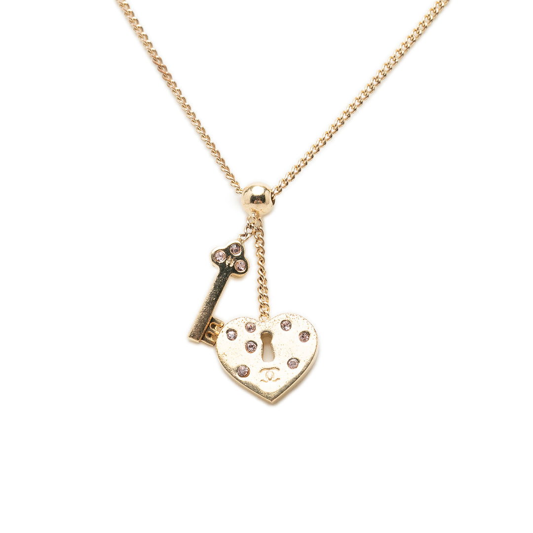CC plaqué Strass Heart Lock And Key Pendant Collier Doré